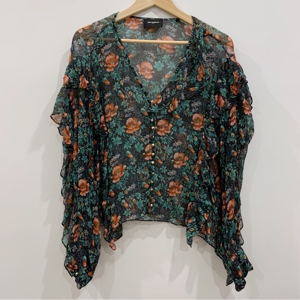 The Kooples Silk Floral Ruffle Blouse Sheer Poppy Field Print Romantic Top - Picture 4 of 12